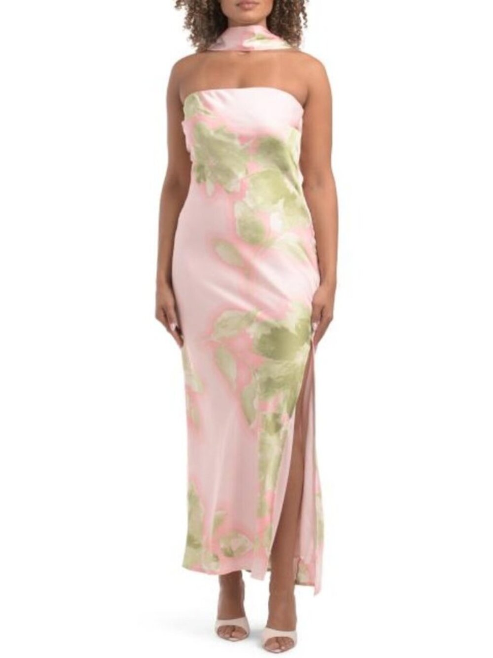 ❤️THIRTY THIRTY Strapless Floral Satin Dress With Neck Scarf